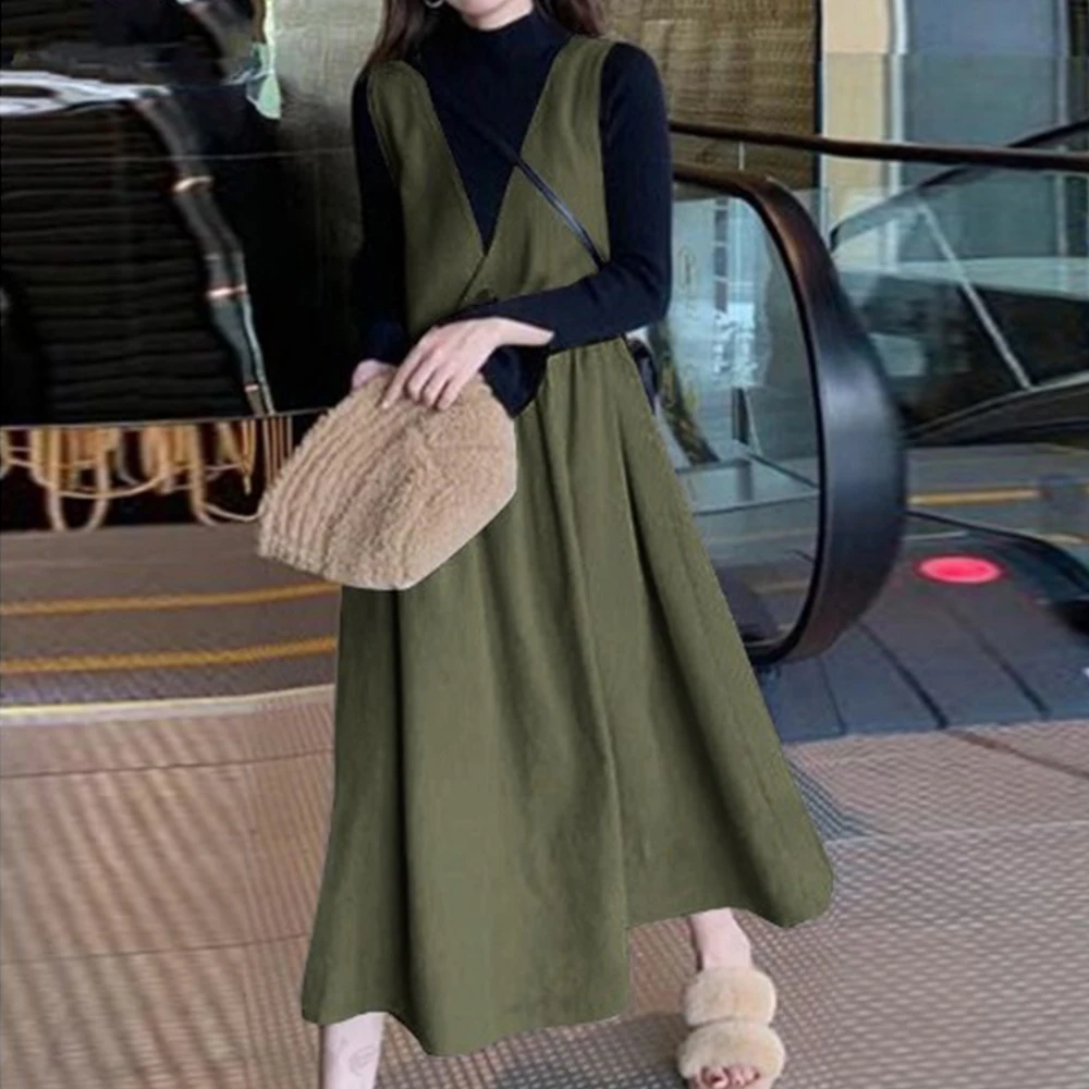

2022 Spring Fashion Women Corduroy Dress Non-sleeve Solid Color Pullover Button Patchwork Loose Casual Suspender Dress For Women