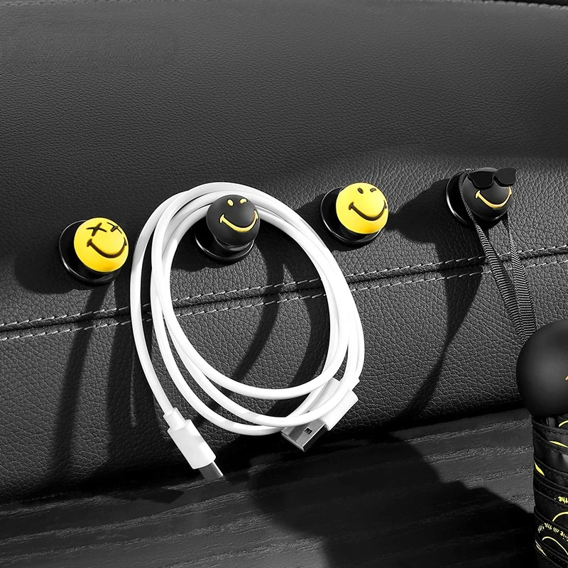 

Car Cartoon Smiley Small Hook for USB Cable Headset Key Storage Seat Back Umbrella Storage Decorative Adhesive Hook 4 Pieces