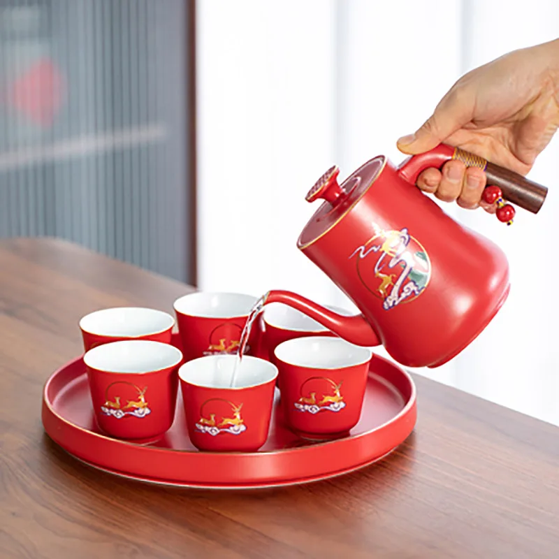

Chinese Traditional Wedding Decoration Supplies Yi Lu Xiang Ban Porcelain Tea Set Teapot Tea Cup for Adults Marriage Newlywed