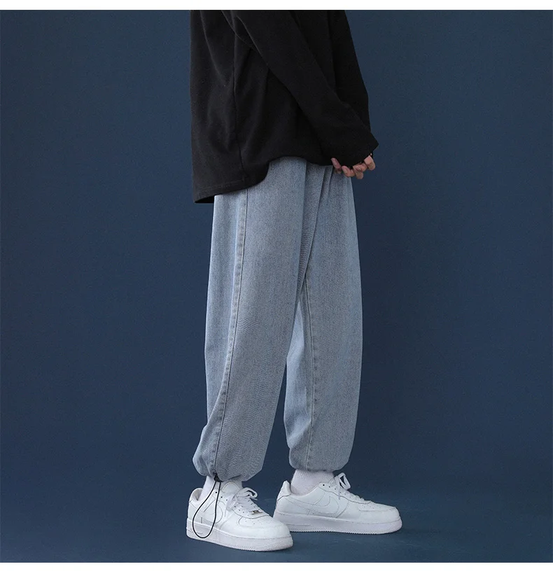Drawstring Jeans Men's Korean Style Trendy Loose Casual Denim Trousers Fashion Streetwear Male High-quality Brand Pants