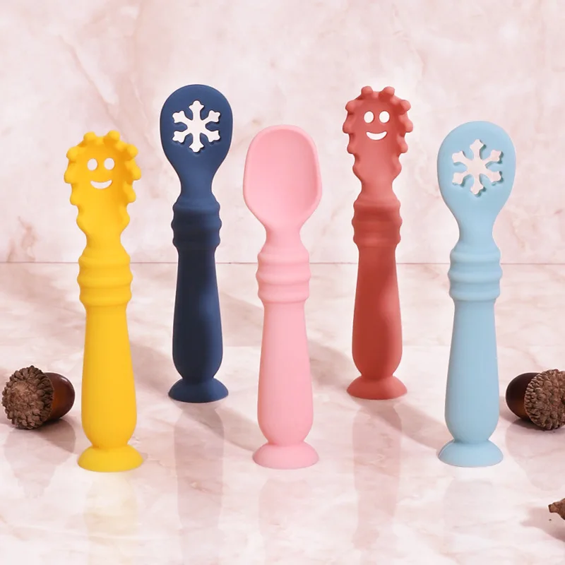1PC Baby Spoon Food Grade Silicone Teether Toys Infant Learning Feeding Scoop Utensils Baby Silicone Training Spoon Soup Spoon