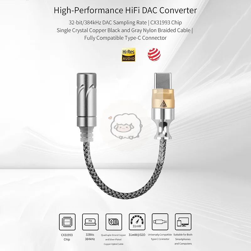 Фото Аудиоадаптер DAC Type-C на 3,5 мм Jack HiFi с чипом CX31993, декодер звука, кабель для апгрейда для iPhone 16/15 №1