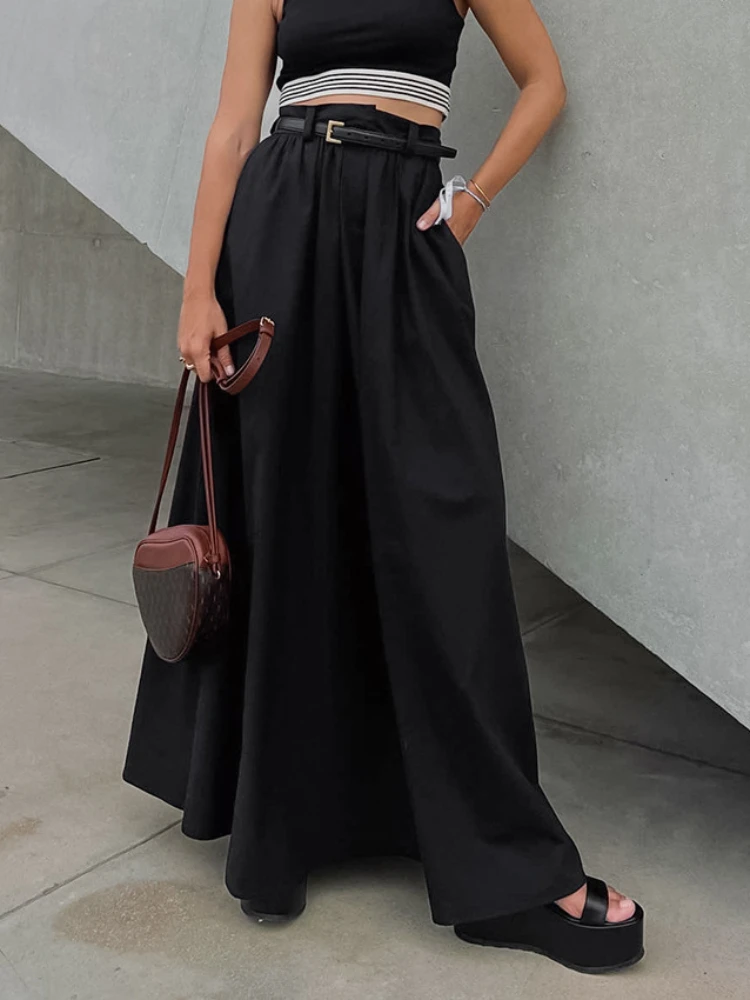

Повседневные хлопковые свободные длинные юбки, однотонные трапециевидные юбки макси с завышенной талией для женщин, модная черная юбка на лето 2023