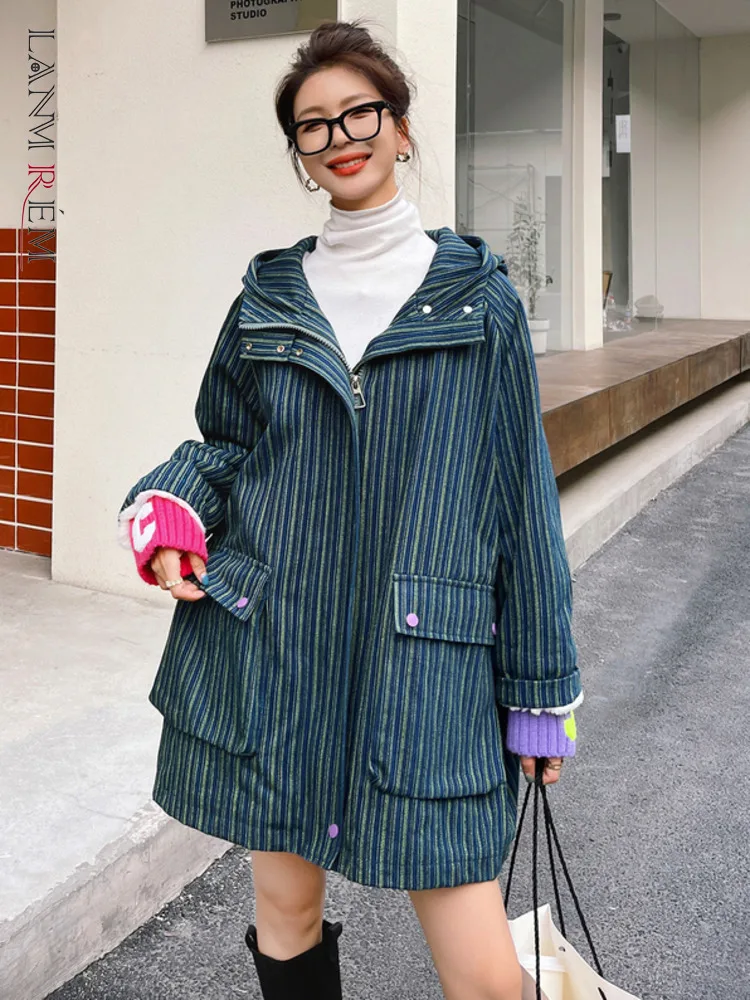 LANMREM Striped Contrast Color Cotton Padded Coat Women Hooded Long Sleeve Pockets Spliced Denim Outwear Autumn Winter 2Q1037
