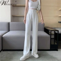 women elastic high waist suit pants ladies office formal wide leg pant korean fashion vintage thin casual full length trousers