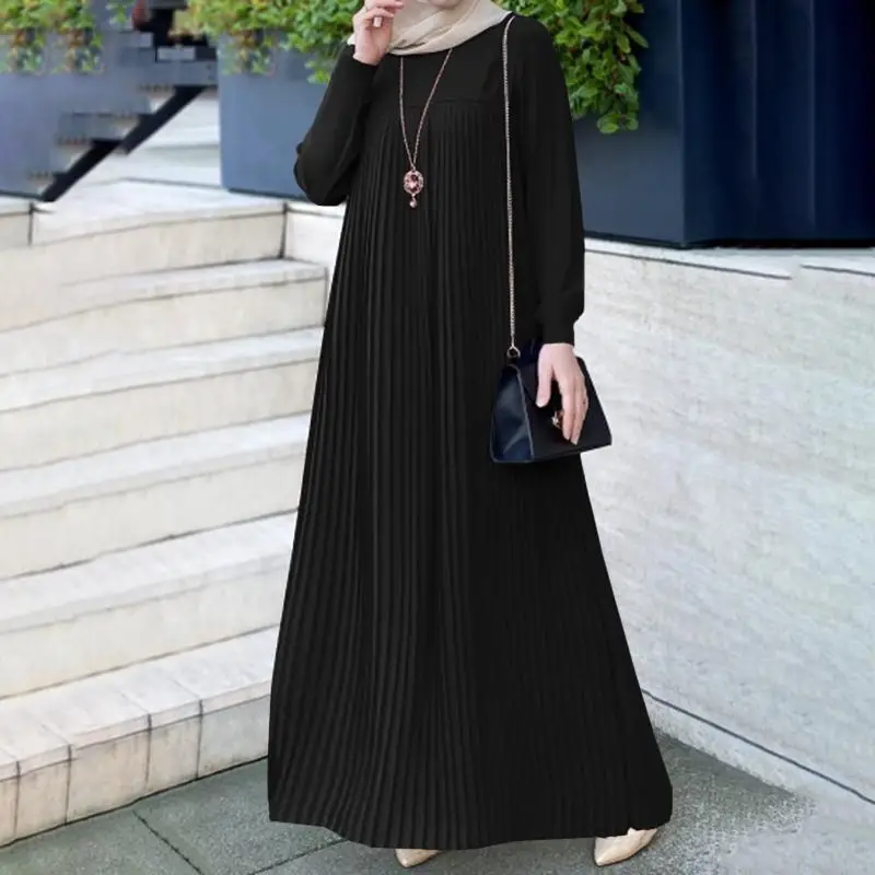 New Fashion Women Pleated Muslim Dresses 2022 Spring Autumn Kaftan Long Sleeve Maxi Vestidos Casual Solid Loose Party Robe