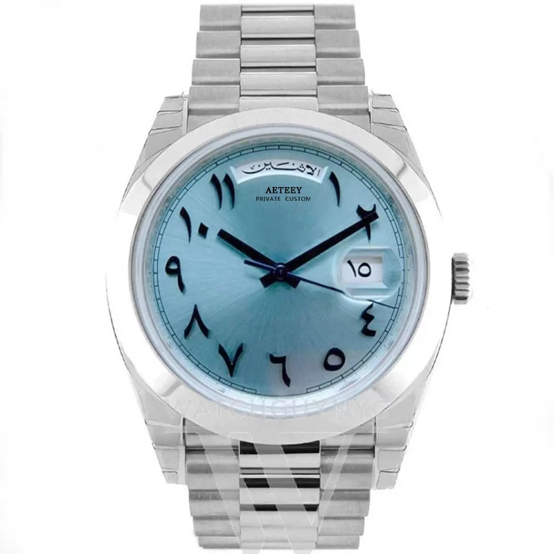 

Top Mens Watch Arab Date Sapphire Crystal Stainless Steel Blue Dial Waterproof Automatic Watches