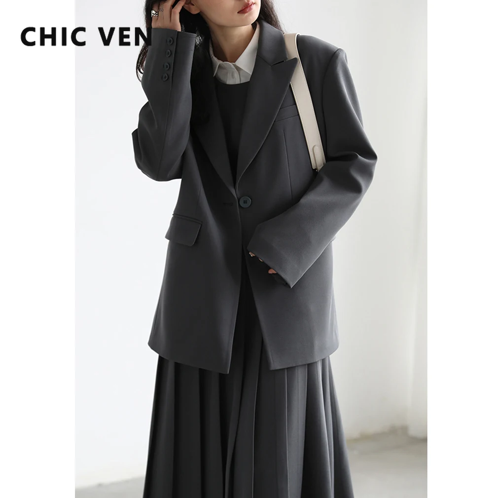 CHIC VEN New Fashion Women's Blazer Wide Shoulder Suit Coat Pleated Dress Two-piece Set for Women Spring Autumn 2022 Office Lady