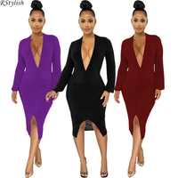 rstylish deep v neck long sleeve sexy dresses for women 2022 ruched slit bodycon spring evening party club midi dress