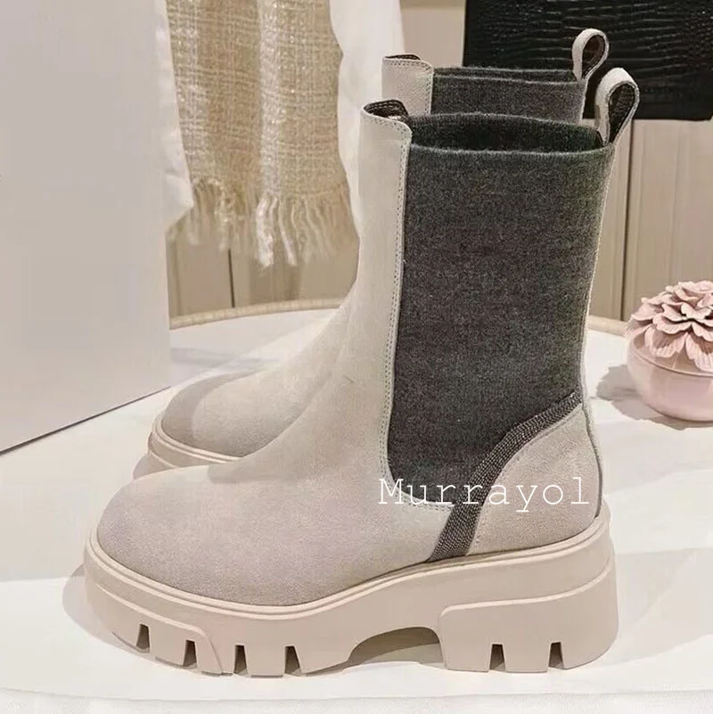 Короткие сапоги с декором из бисера и толстой подошвой женские ботинки коровьей