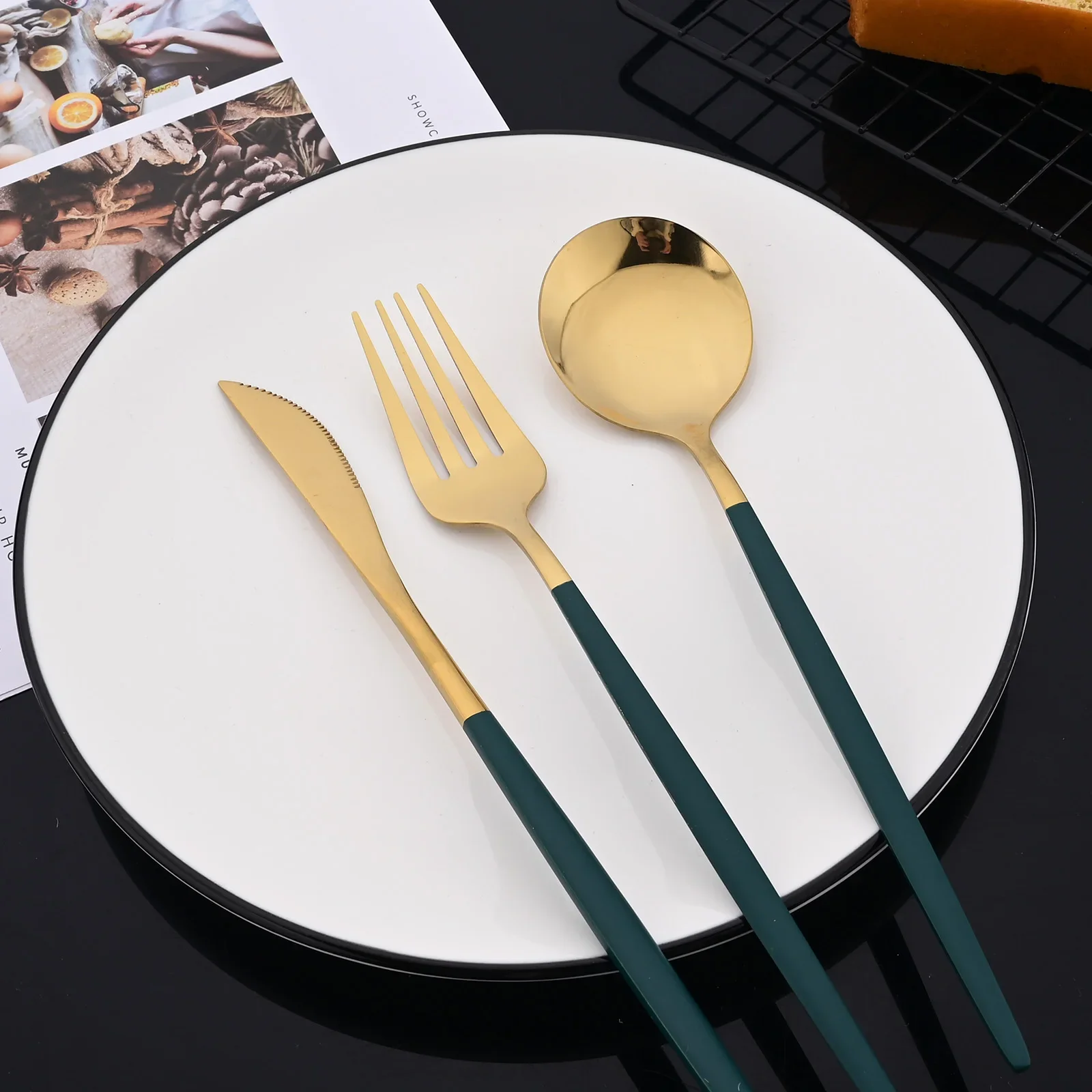 Набор столовых приборов зеленого и золотого цвета из нержавеющей стали 25 шт.
