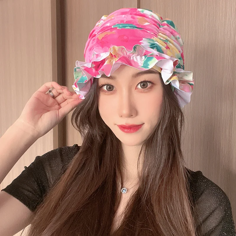 

Beach Sun Hats for Women Ladies Hats and Caps Designer Solid with Lace Hem Flounce Flower Print Colorful Lovely Swimming Cap