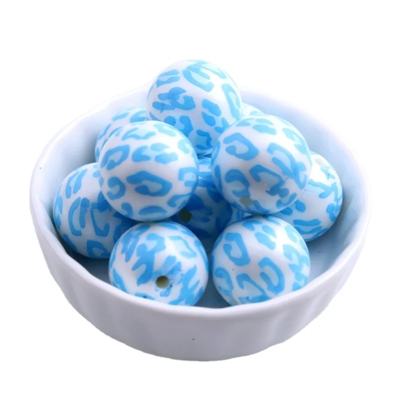 Kwoi Vita 20mm 100pcs Acrylic White Matte Beads Print Aqua Leopard For Chunky Necklace Jewelry |