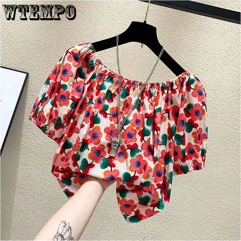 Off-shoulder Chiffon Shirt Floral Loose Summer T-shirt Short-sleeved Printed Top French Shirts Sexy Beach Wear Blouses for Women