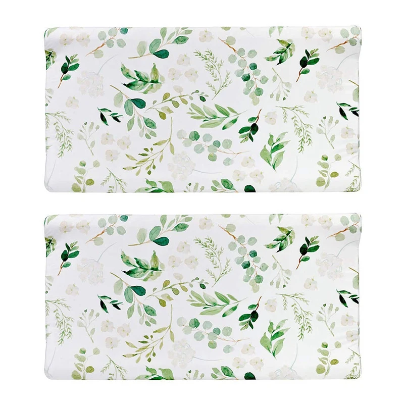 

2X Baby Diaper Changing Pad Cover Cradle Mattress, Infant Stretchy Fabric Changing Mat Cover-Green Leaves