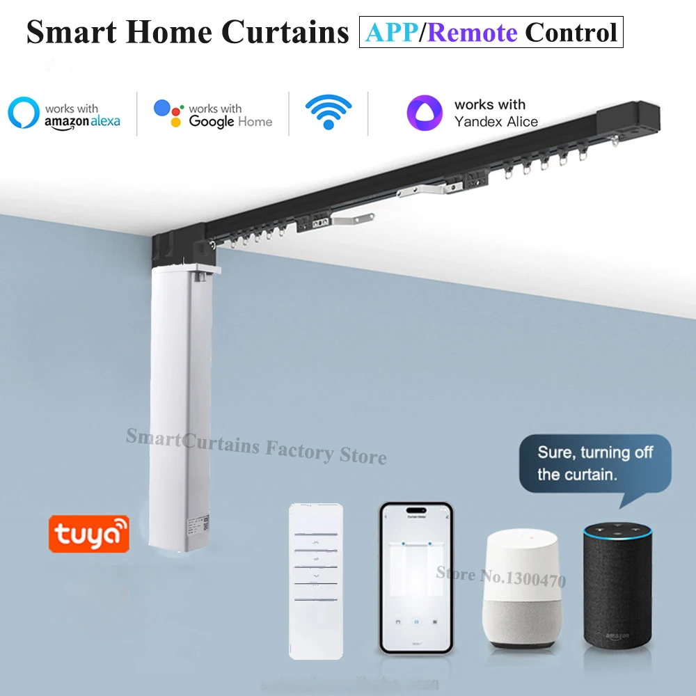 

Черный электрический карниз на заказ с карнизом Tuya Smart WiFi, моторный привод, автоматическая система дистанционного управления Alexa