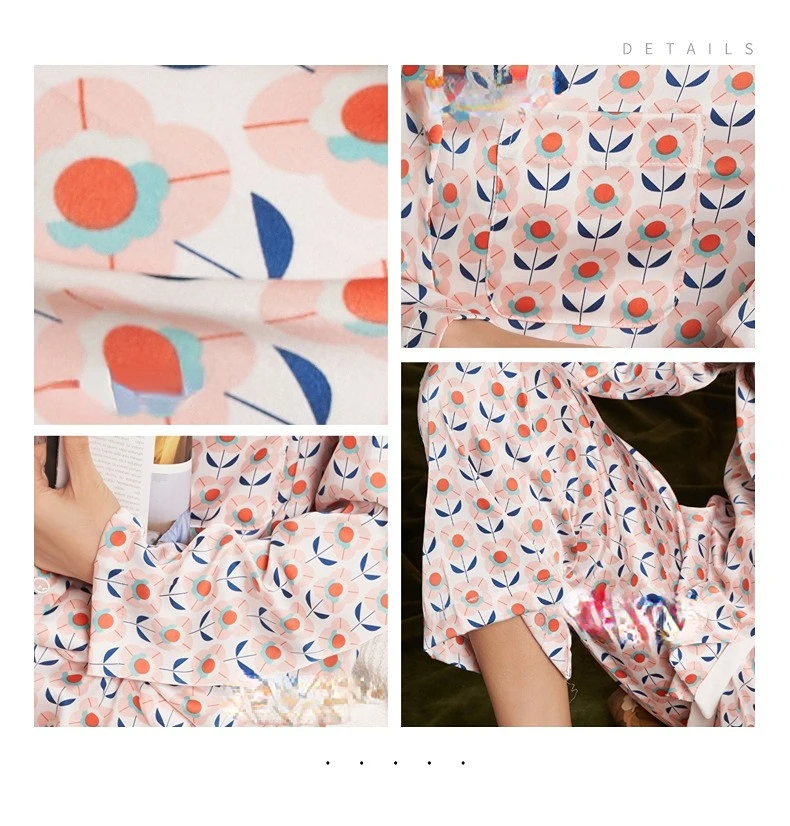 Women's 2 Piece Pajamas Sets Spring Flower Pijama Ice Silk Female Pyjama Sleepwear Long Sleeve Shirt Pants Homewear Loungewear