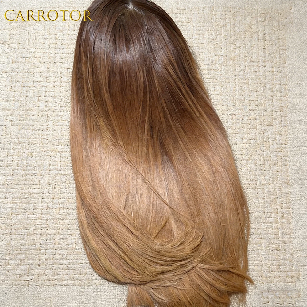 Фото Парик из натуральных волос 4/27 Honey Blonde, прямой, с прозрачной кружевной передней частью 13x4, 250% плотность, без клея, предварительно прорезанный, для женщин №1