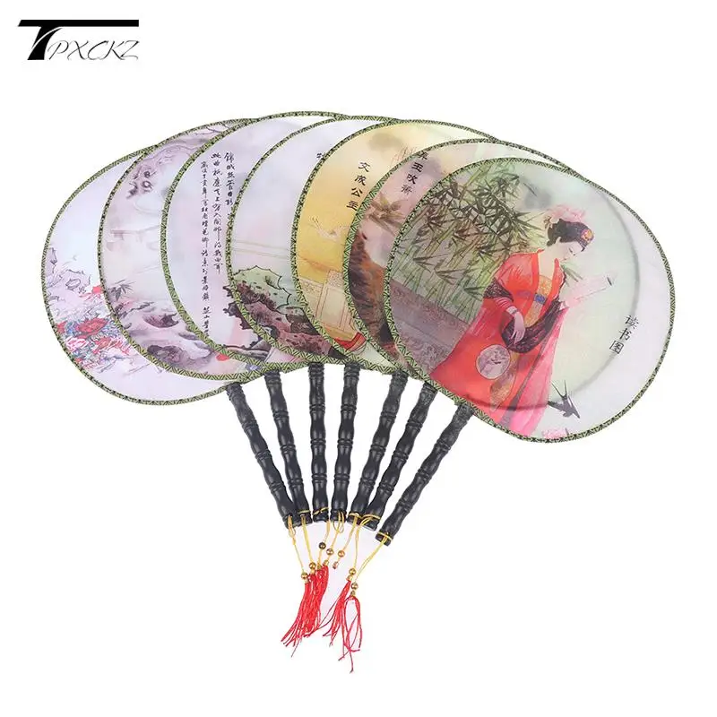 

1pcs Round Hand Fan Chinese Style Vintage Printing Silk Fan Wedding Dance Accessory Random Style