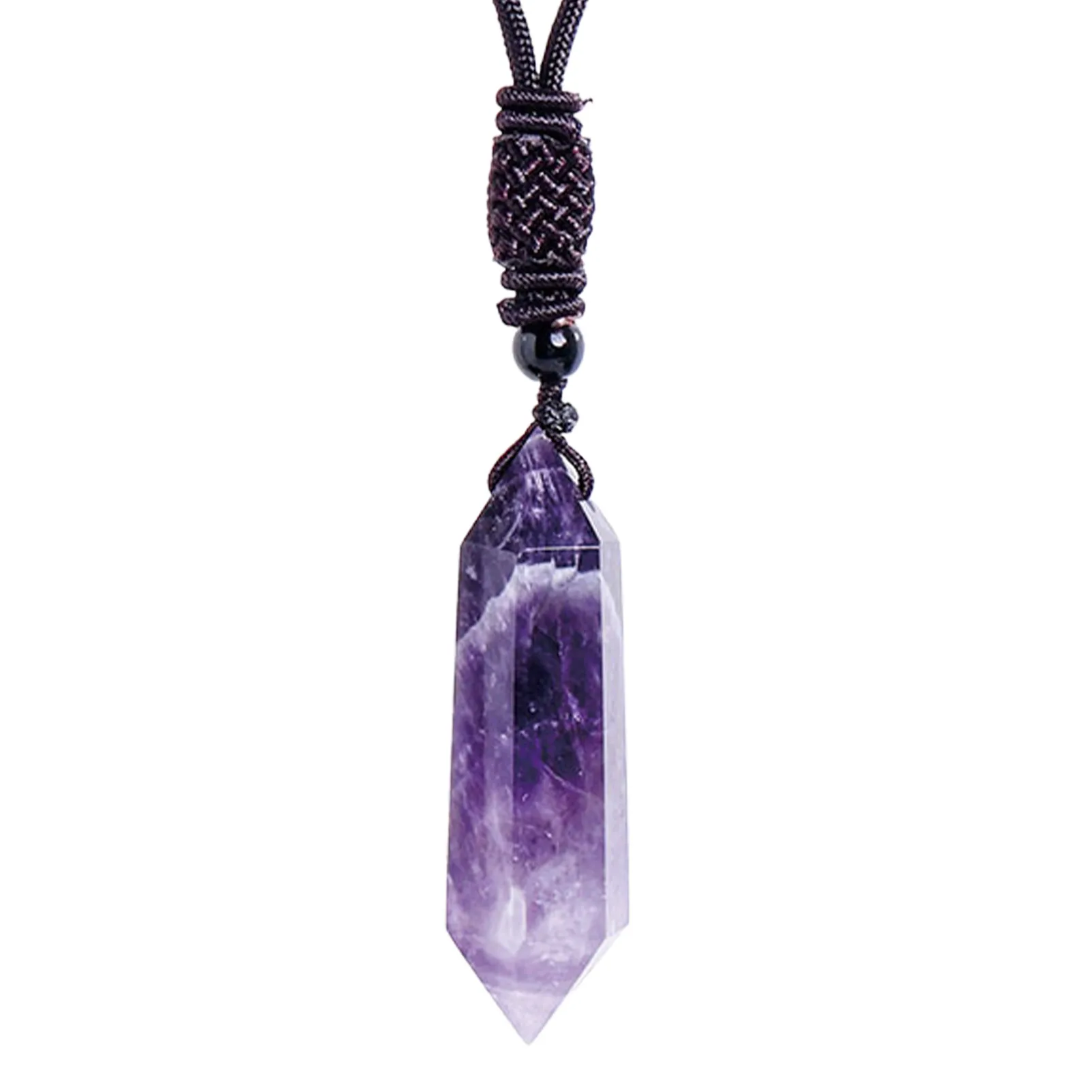 

Pointed Crystal Necklace Hexagonal Natural Crystal Pendant Amethyst Necklaces For Men Women Natural Energy Crystals Hand-Woven