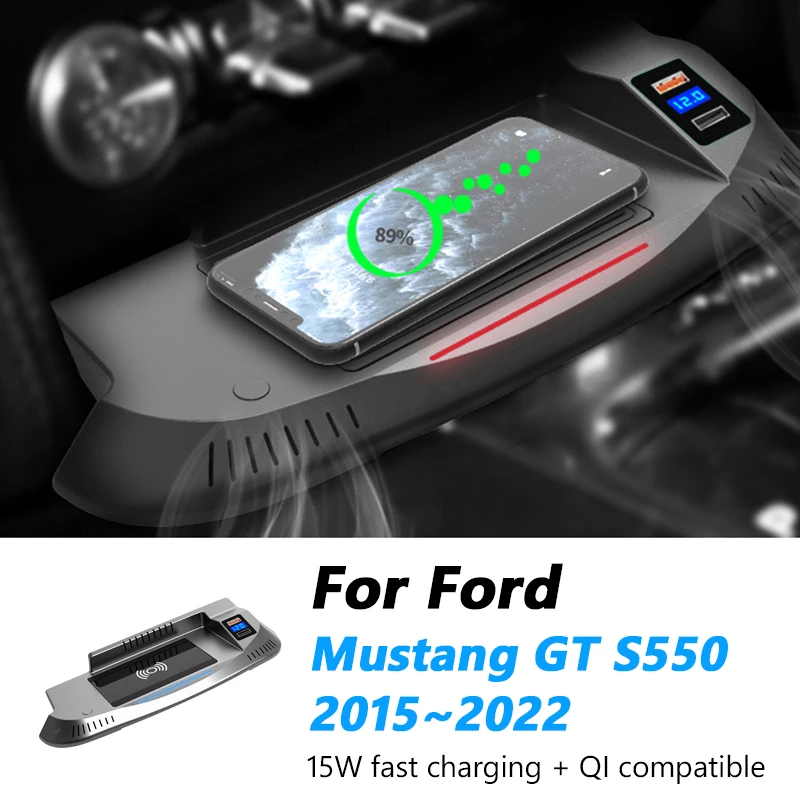 ملحقات سيارة 12 فولت لسيارة فورد موستانج GT S550 2015-2021 QI شاحن لاسلكي للهاتف المحمول لوحة شحن سريعة تعديل داخلي