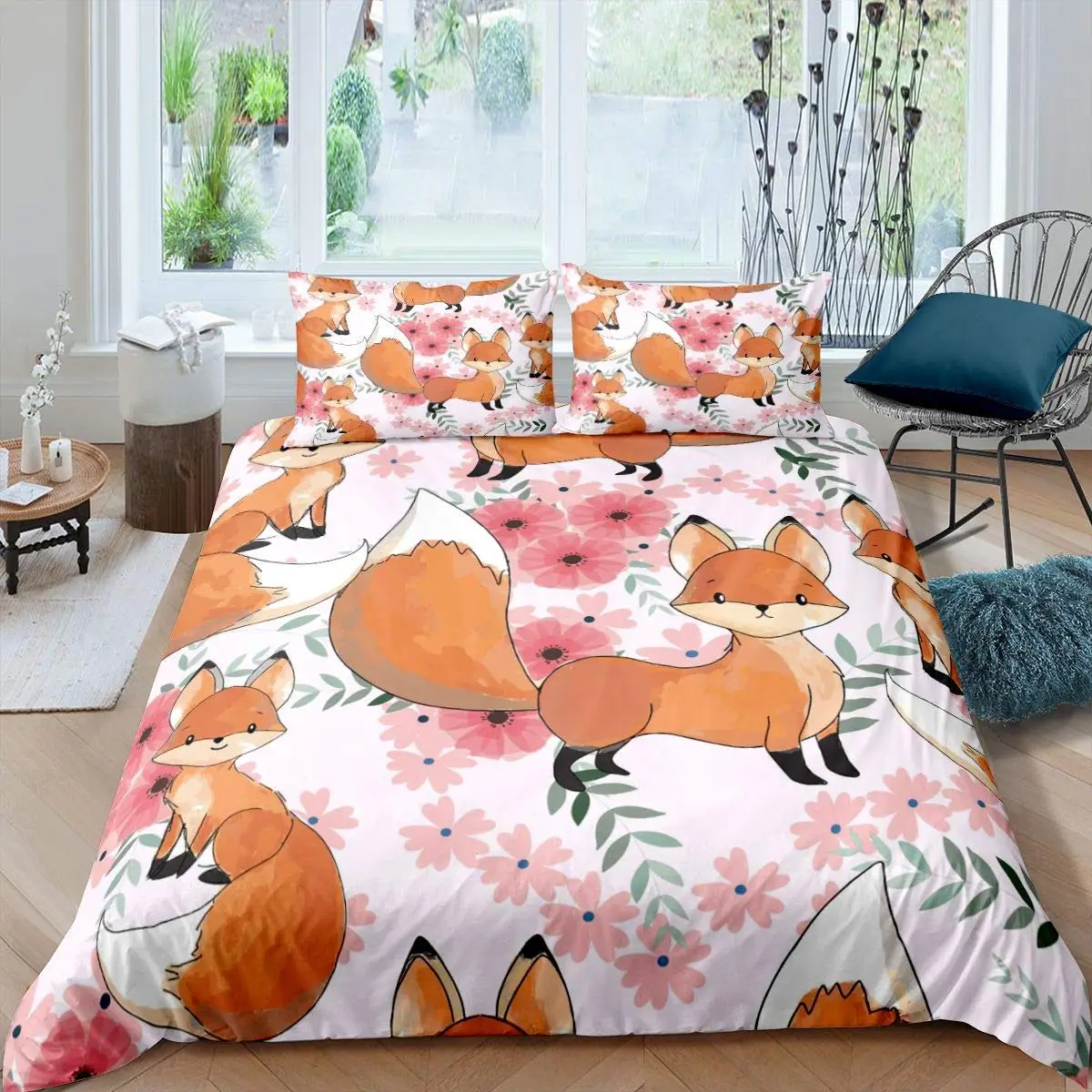 

Fox Duvet Cover Set Girls Cartoon Fox Bedding Set Lovely Animal Theme Comforter Cover King Polyester Quilt Cover for Kids Teens