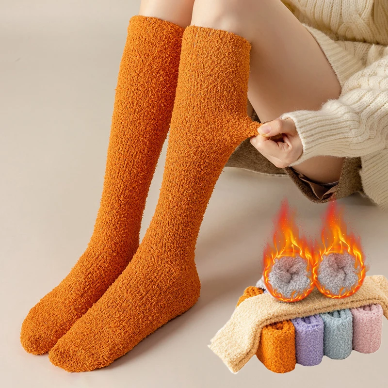 Winter Warm Coral Fleece Over-knee High Socks Women Plush Lolita Home Sleep Floor Long Socking Jk Solid Soft Thigh High Fun Sock