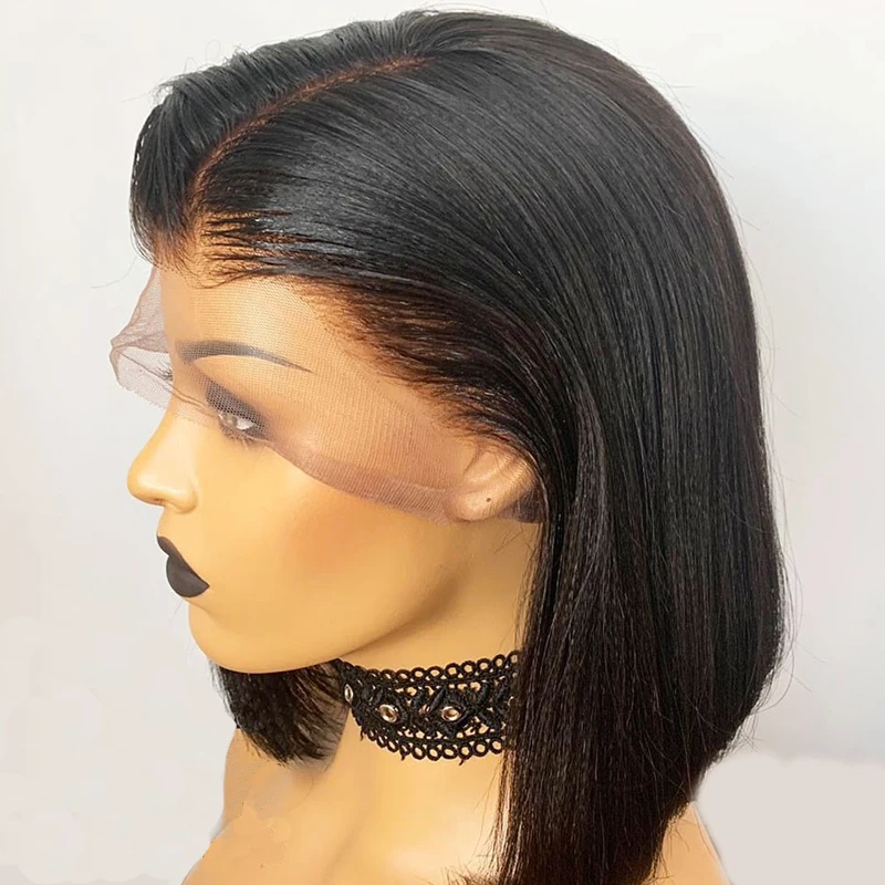 Yaki Soft Free Part Snythetic13x6Lace Front Wig For Women Blunt Short Bob Kinky Straight Natural Black Babyhair Preplucked Daily