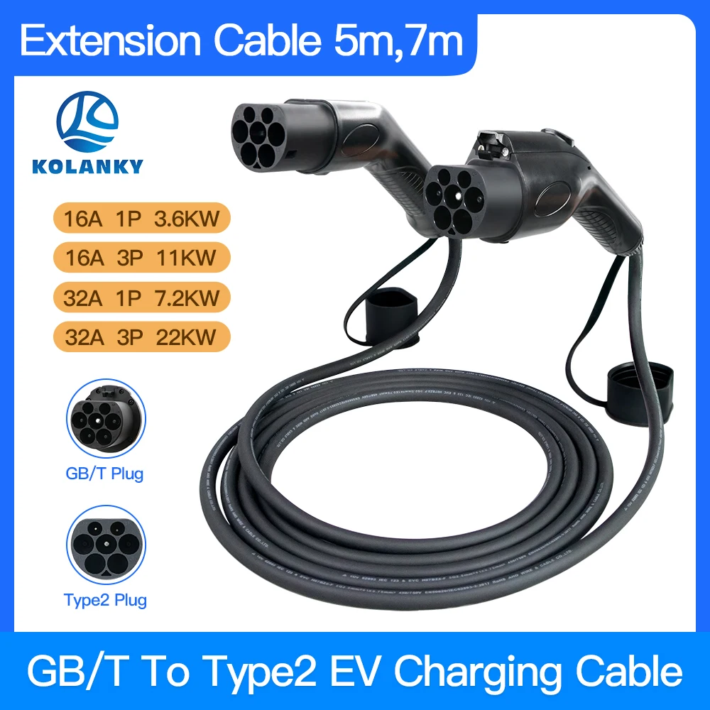 

GBT To Type 2 EV Charging Cable 32A 22KW Portable EVSE 7.2 KW Charger Fast Home Car VW ID6 Crozz Pro 6 Seater 1P 3P Cable 5M