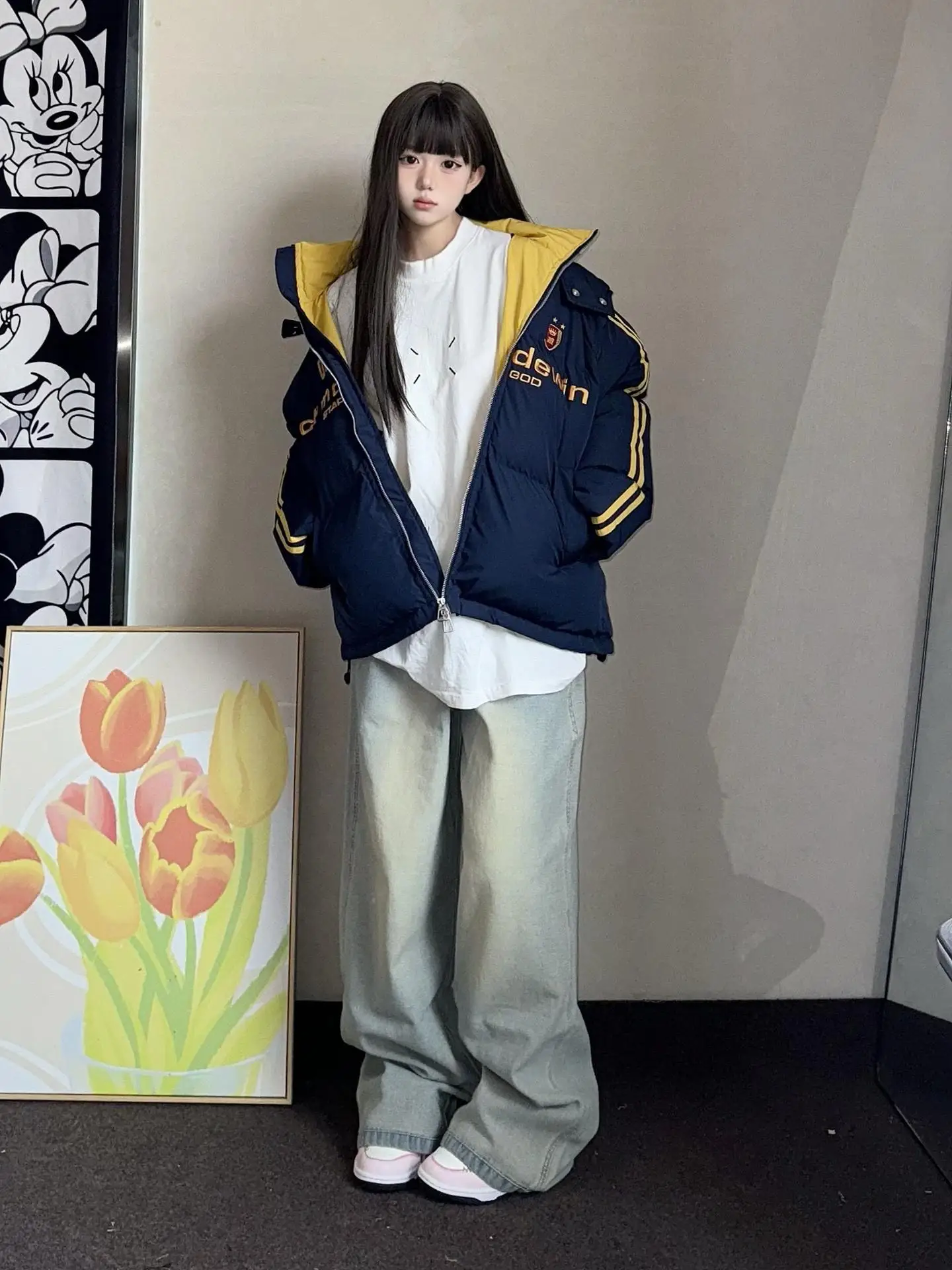 Темно-синяя полосатая одежда с капюшоном на хлопковой подкладке женская зимняя