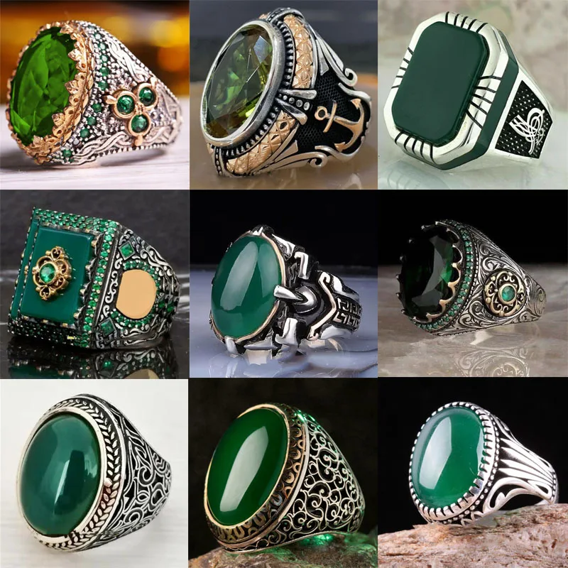 

European and American Inlaid Emerald Men's Ring Turkey Retro Domineering Personality Ring To Attend The Banquet Party Jewelry