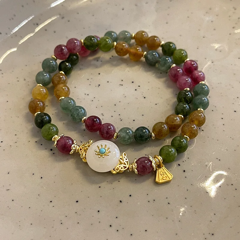 

100% Natural Colored Tourmaline & Jade Stone 14K Gold Filled Female Double Layer Bracelet Jewelry For Women New Year Gifts 2024