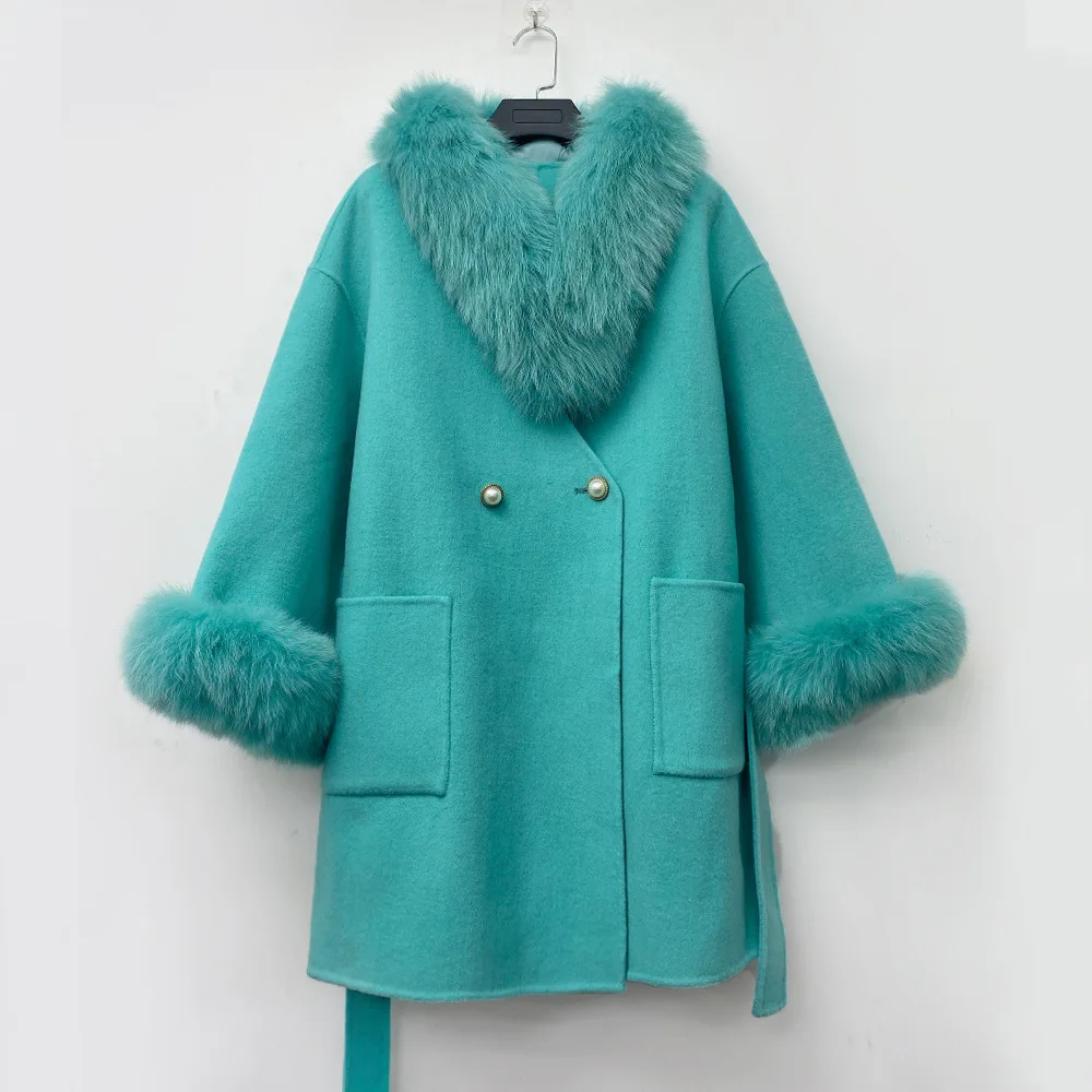 

Женское двустороннее шерстяное пальто, двубортное полупальто средней длины из натуральной шерсти и кашемира с воротником из натурального Лисьего меха, зима 2022