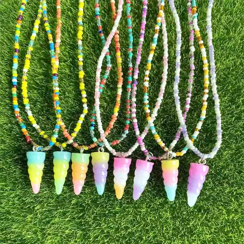 

38cm Necklace With Resin Pendant Gradient Unicorn For Child Bohemia Handmade Rainbow Seed Beads Simple Choker Jewelry Gifts