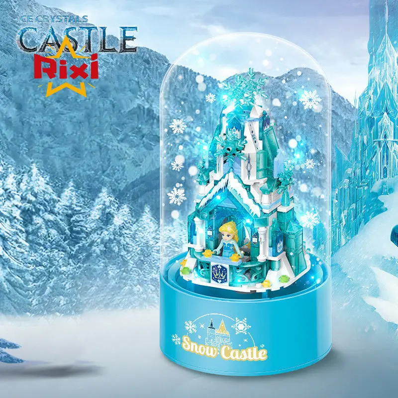 

Музыкальная шкатулка серии строительные блоки вращающийся лед снег замок Космос ракета город кирпичи MOC игрушка для детей друг Рождественс...