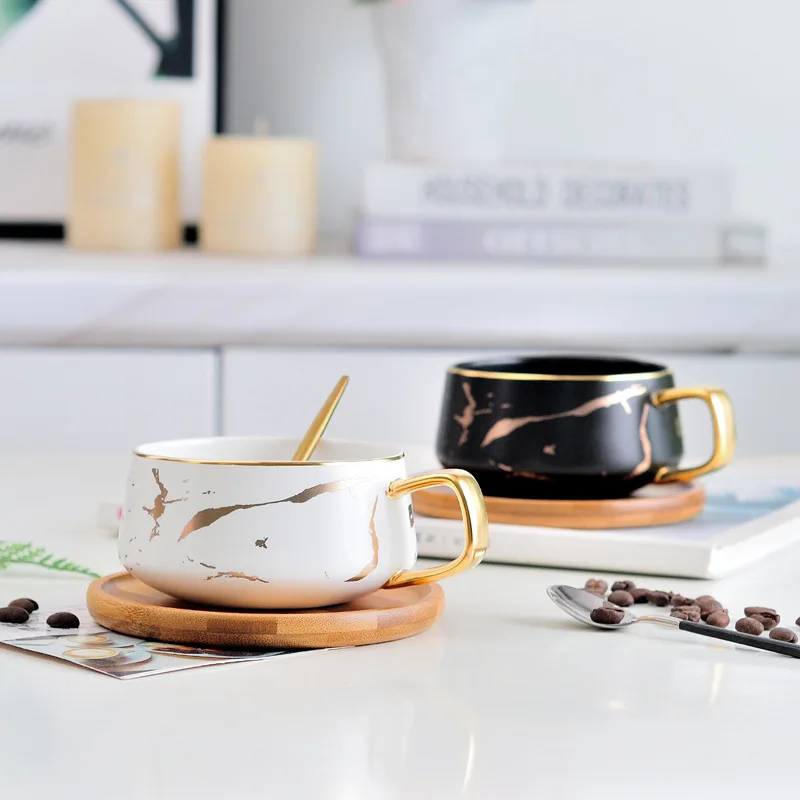 

Gold Marble Ceramic Mug Cup Nordic Style Wooden Saucer Lid White Porcelain Tea Coffee Water Cup Handle Drinkware Gift