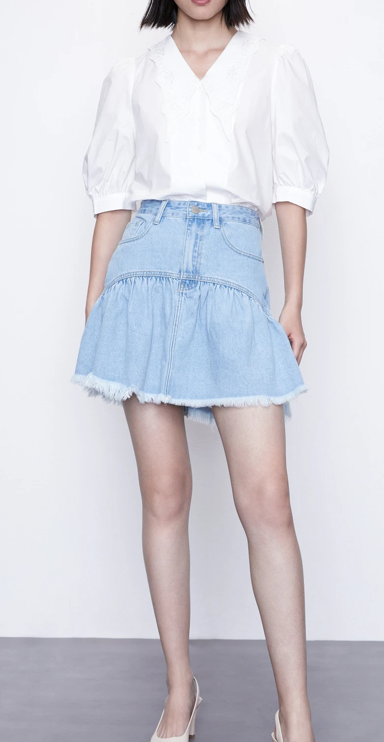 

TVTOBIVUMN Pleated Washed Blue Sweet And Fashionable With Fringed Stitching Denim Miniskirt Retro High Waist Girl Skirt