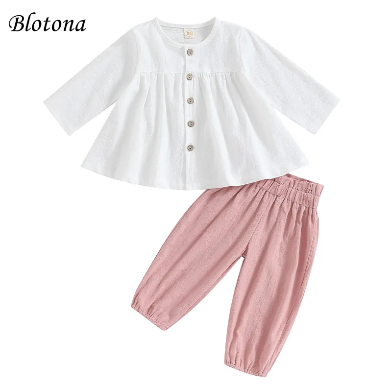 

Blotona Toddler Girls 2Pcs Spring Fall Outfits Button Long Sleeve Round Neck Shirt and Elastic Waist Pants Casual Set 6M-4Y