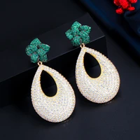 shiny green cubic zirconia paved flower round drop dangle women long party earrings for brides jewelry gift