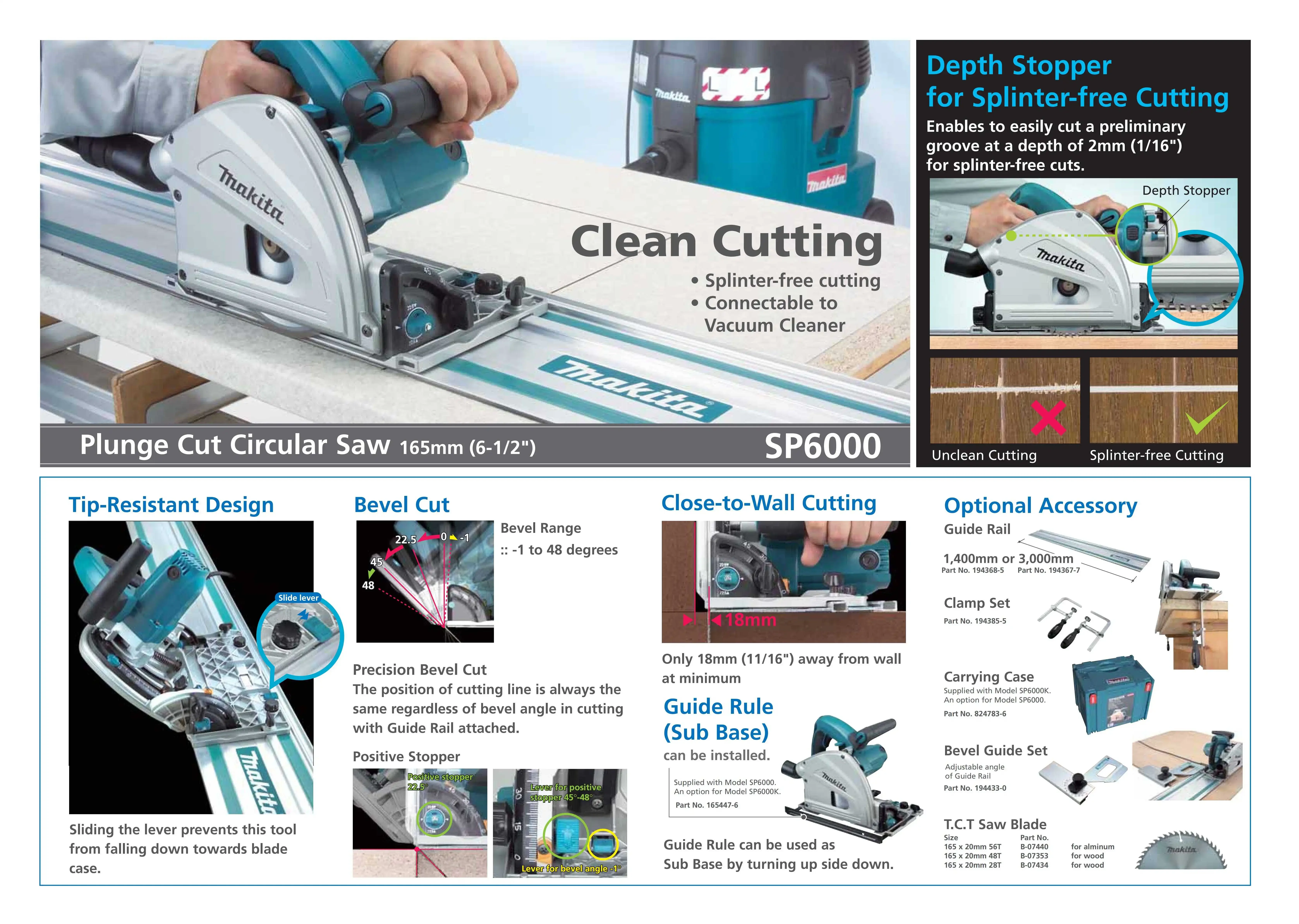 Makita SP6000J 165 мм циркулярная пила с глубоким вырезом 1300 Вт 5800 об/мин 220 В