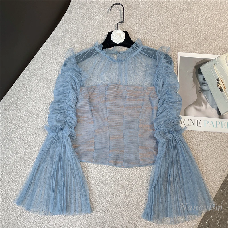 

Женский сетчатый топ в голубую точку, весна 2022, новый элегантный кружевной топ в французском ретро стиле с рукавами-колокольчиками, плиссир...