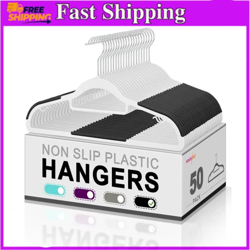 

Plastic Hangers 50 Pack, Plastic Clothes Hangers Non Slip Hangers with Rubber Grip, Heavy Duty Plastic Hanger,360º Swivel Hook,