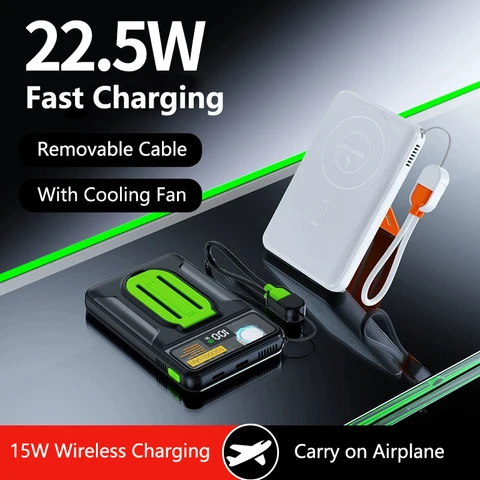 Внешний аккумулятор 20000 мАч с охлаждающим вентилятором, магнитная беспроводная зарядка 22.5 Вт для Magsafe iPhone 17, Samsung, Huawei, Xiaomi