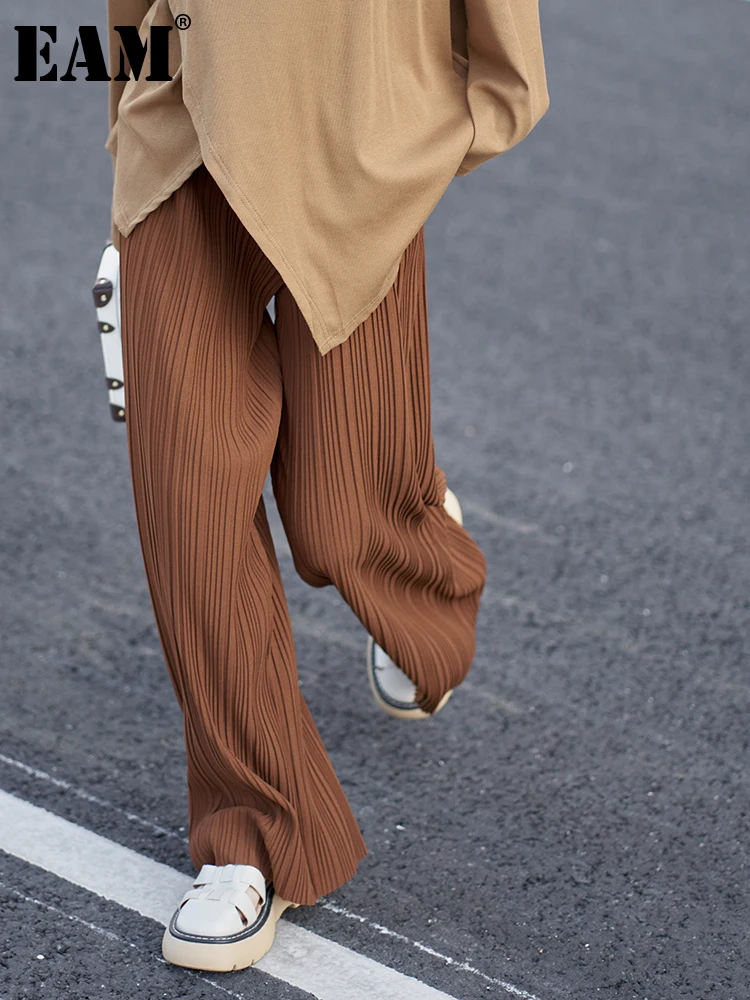 

[EAM] High Elastic Waist Dark Brown Pleated Wide Leg Trousers New Loose Fit Pants Women Fashion Tide Spring Autumn 2022 1DE8180
