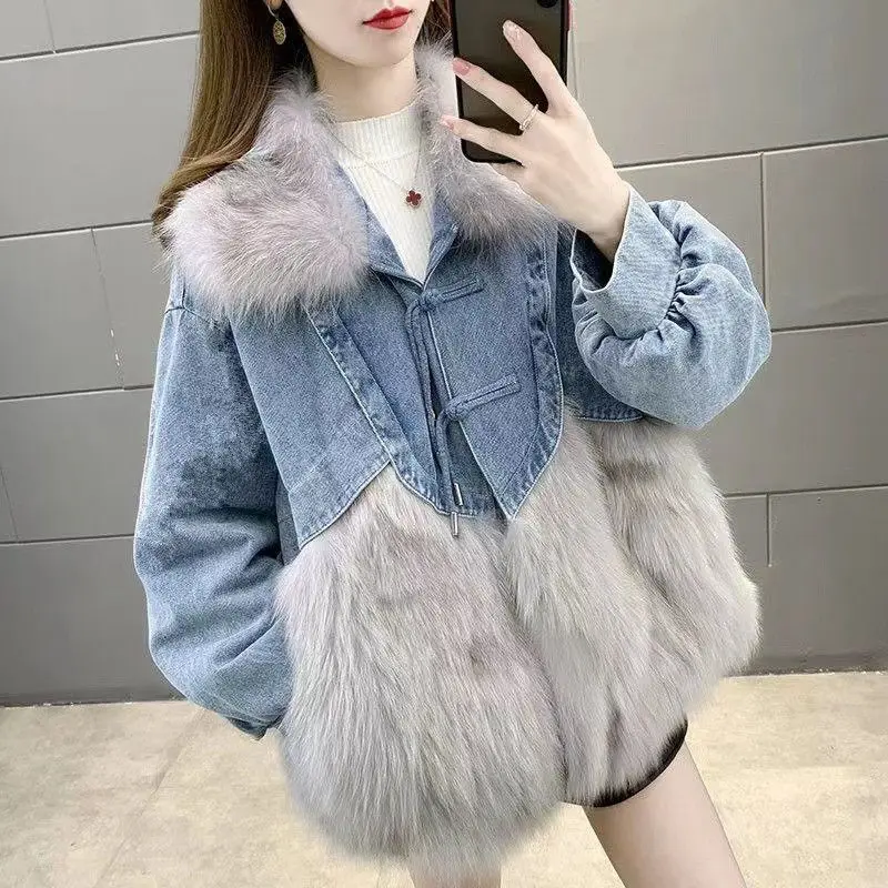 2022 Winter Women's Warm Faux Fur Coat Korean Women's Elegant Splicing Denim Jacket Fur Fur One Body Faux Fox Fur Women's Coat