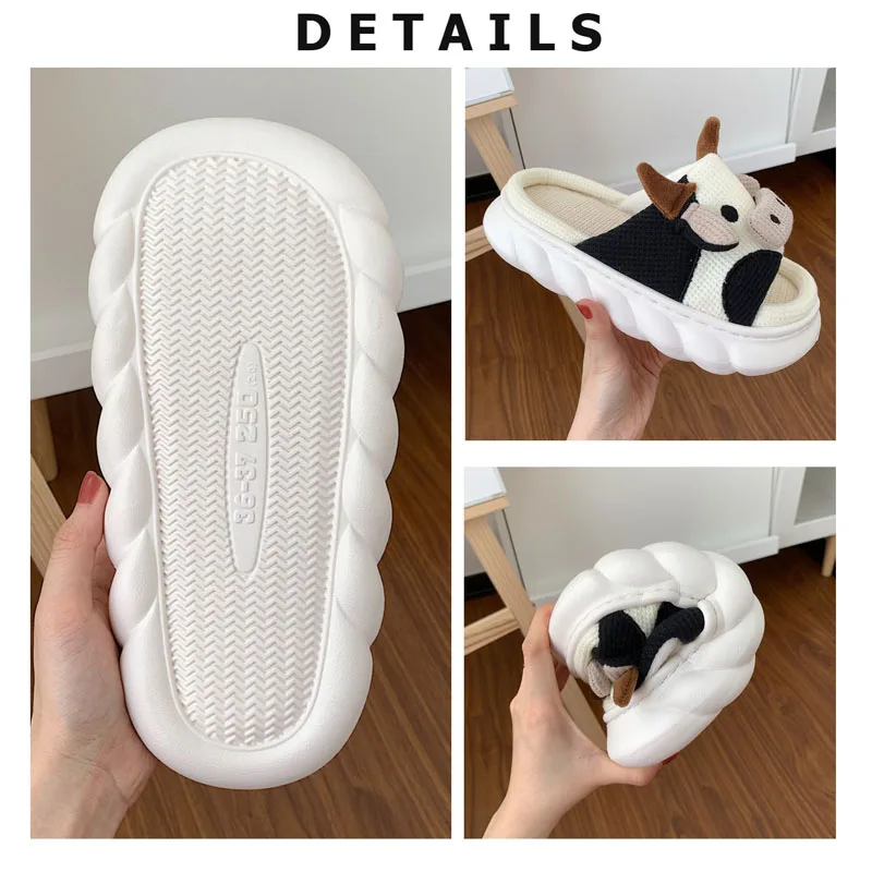 2023 Kawaii Slippers Cute Milk Cow Linen Slippers Women Platform Indoor Home Hemp Flip Flops Summer Thick Bottom Pillow Shoes