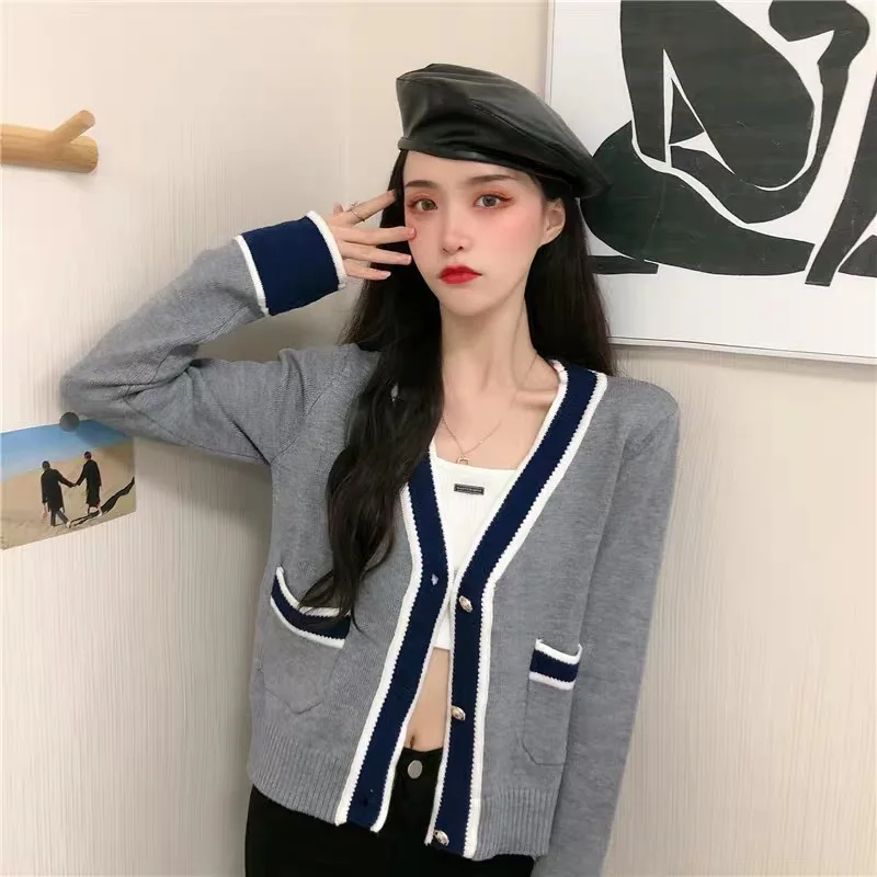 

Sexy V Neck Lady Knitwear Women's Sweater Lolita Coat Spring Korean Fashion Cardigan Female Top Streetwear Hit Color Patchwork