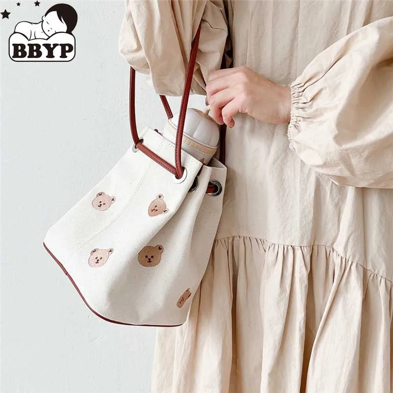 

Ins Korea Cute Cartoon Bear Embroidery Bucket Bag Shoulder Canvas Bag Portable Mommy Bag Baby Diaper Bag