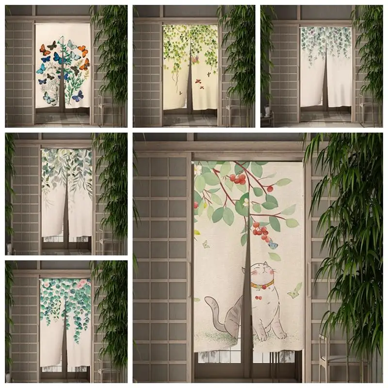 

Japanese Door Curtain Noren Green Plant Printed Kitchen Doorway Decorative Drapes Cafe Restaurant Entrance Hanging Half-curtain