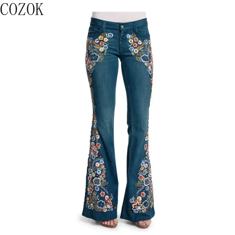 European and American Style Women's Jeans Embroidered Slim Fit Slimming Washed Bell-Bottom Pants Jeans for Women
